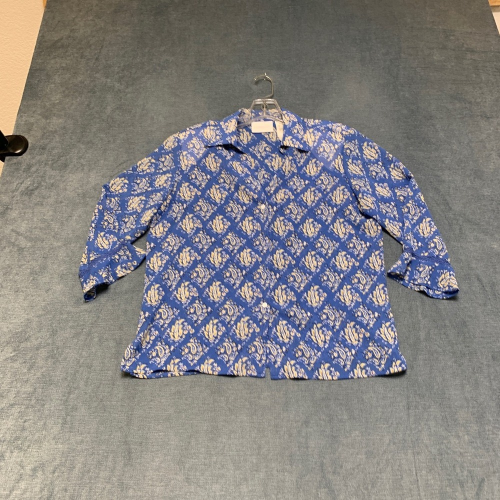 Liz Claiborne Liz Sport Shirt Womens PS Blue Damask 3/4 Poet Sleeve Button Up
